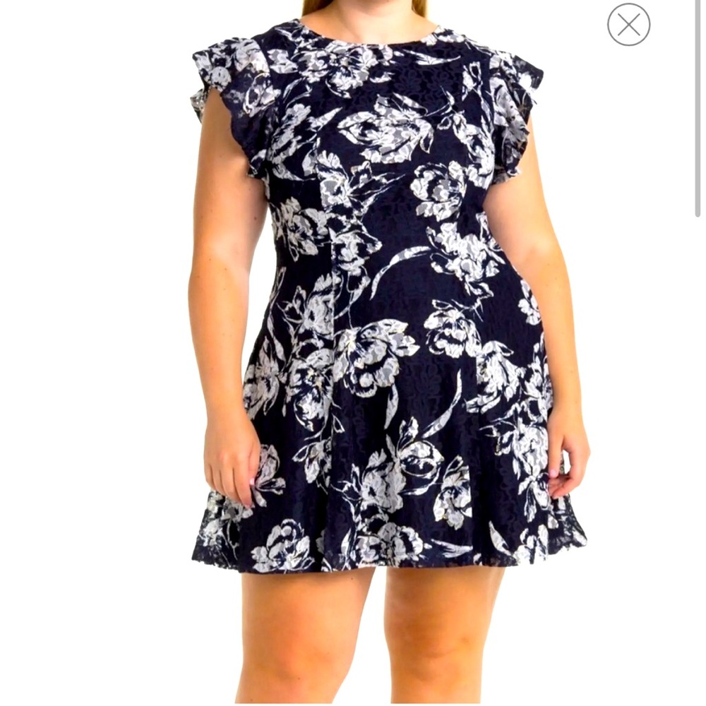 Eliza J floral Ruffle Sleeve Lace Fit & Flare Navy print Dress Size 12